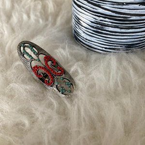 Adjustable Statement Ring with Red & Aqua accents